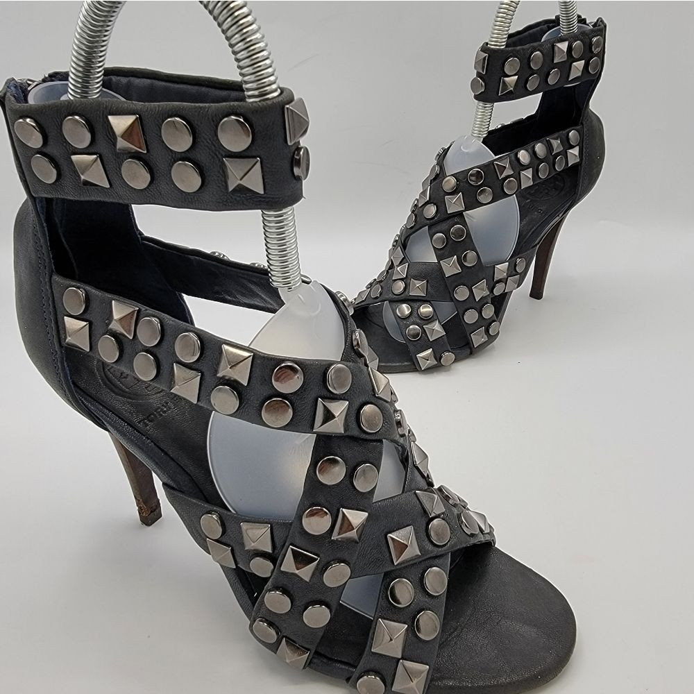 Tory Burch Black Leather Diamond Stud Heels 7.5